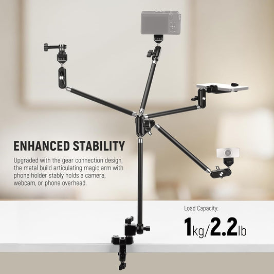 NEEWER 30" Articulating Magic Arm with Super Clamp/Action Cam Mount/Phone Holder, Overhead Camera Desk Mount Mic Boom Stand, Compatible with GoPro iPhone DSLR Webcam Microphone Video Recording, UA056
