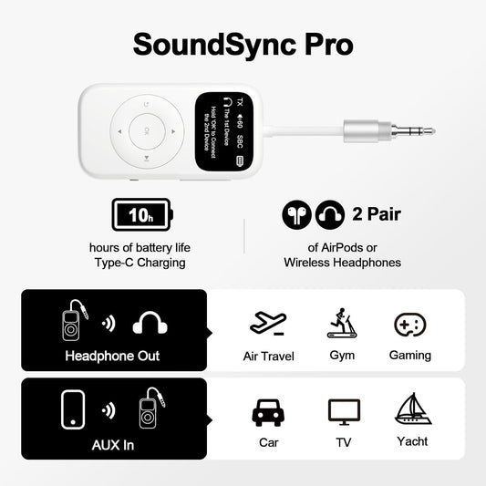 SoundSync Pro Bluetooth Transmitter & Receiver for Airplane, Easy Setup Bluetooth Audio Transceiver for 2 BT Devices, Volume Control, RCA for TV