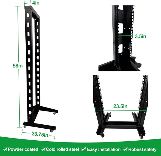2 Post 29U Open Frame Server Rack 2-Post Server Rack Network Rack,with Movable casters,Comes with 2 Center Trays,for 19 Inch Equipment, Networking Data & IT Devices,1010lbs Weight Capacity(2P-DL-29)