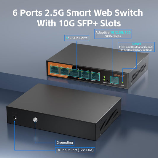 6 Port 2.5G Web Smart Managed Ethernet Switch with 5 x 2.5G Base-T Ports, 1 x 10G SFP+, Static Aggregation, QoS/VLAN/IGMP, Metal Housing Fanless, Desktop/Wall-Mount