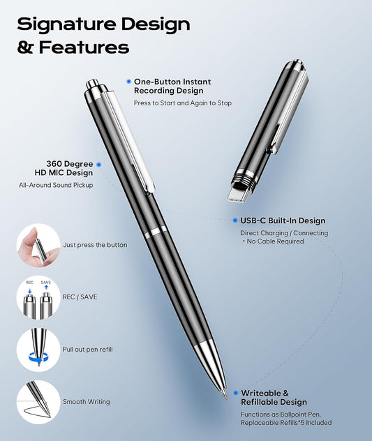 128GB (9800Hrs) Voice Recorder w/Type-C, Audio Recording Device with AI-Intelligent Noise Reduction, Digital Voice Activated Recorder 180 Days Storage Capacity for Lectures, Class, Work, Interviews