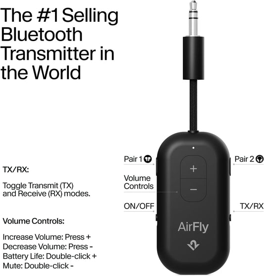 Twelve South AirFly Pro | Bluetooth Wireless Transmitter/Receiver Adapter for 2 Headphones, Audio Sharing, Compatible with 3.5mm aux Jack for Airplanes, TV, Gym, Stereo, and Travel, Evergreen