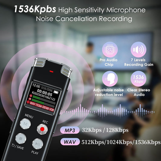 64GB Digital Voice Recorder with Playback: Voice Activated Recorders for Lectures Meetings Interviews - EVISTR Dictaphone Recording Device Tape Recorder Portable Mini, Audio Recorder with USB, MP3