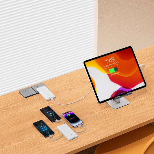 Q 10000mAh Power Bank, Slim Portable Charger,4 Output External Battery Pack with Built-in AC Wall Plug Micro USB C 3 Cables Compatible with iPhone Samsung Android Phone Tablet and More