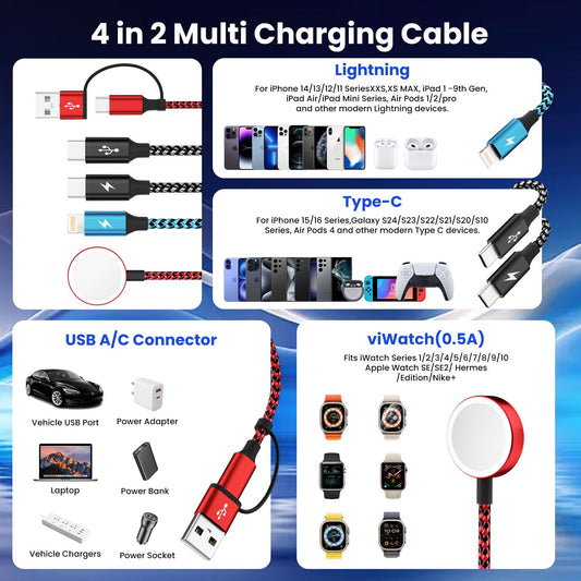 Travel Essentials 4in2 Multi Charging Cable for Apple Watch Charger,USB A/C to Dual Type C/IP/iWatch Charger,Travel Chargers for Multiple Devices Compatible with iWatch Series&iPhone 16-12(2PACK,5FT)