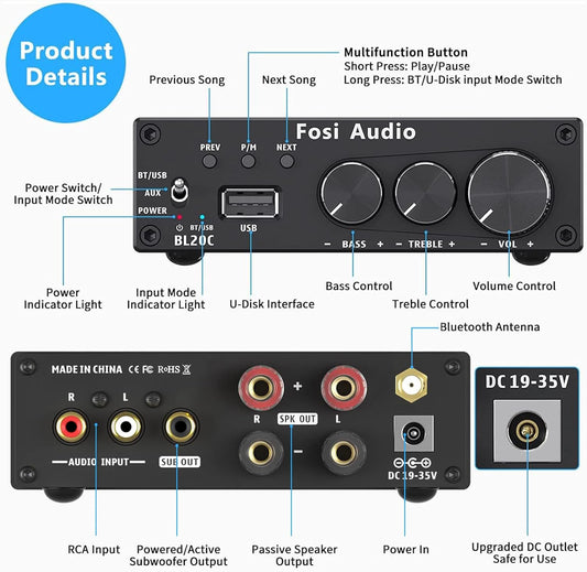 Fosi Audio BL20C Bluetooth 5.0 Stereo Audio Receiver Amplifier 320 Watts 2.1 CH Mini Hi-Fi Class D TDA7498E Integrated Amp U-Disk Player for Home Passive Speakers Powered Subwoofer(with Power Supply)