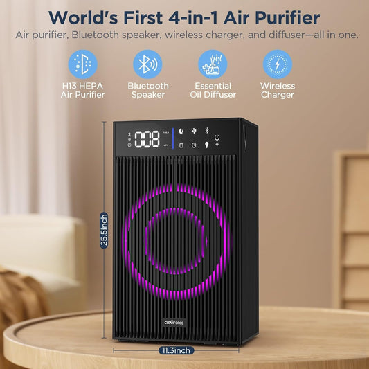 CleanForce Rainbow Cube | World’s First 4-in-1 Space-saving Air Purifier with Bluetooth Speaker, Wireless Charger & Aroma Diffuser | Swiss Tech,over 900ft² Coverage | Ultra-Quiet