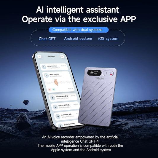 LOBKIN Ai Voice Recorder with Transcribe & Summarize, Note Voice Recorder Support 152 Languages, 64GB, Audio Recorder with App Control, Slim Ai Note Taking Device for Lectures, Meetings, Calls, Grey