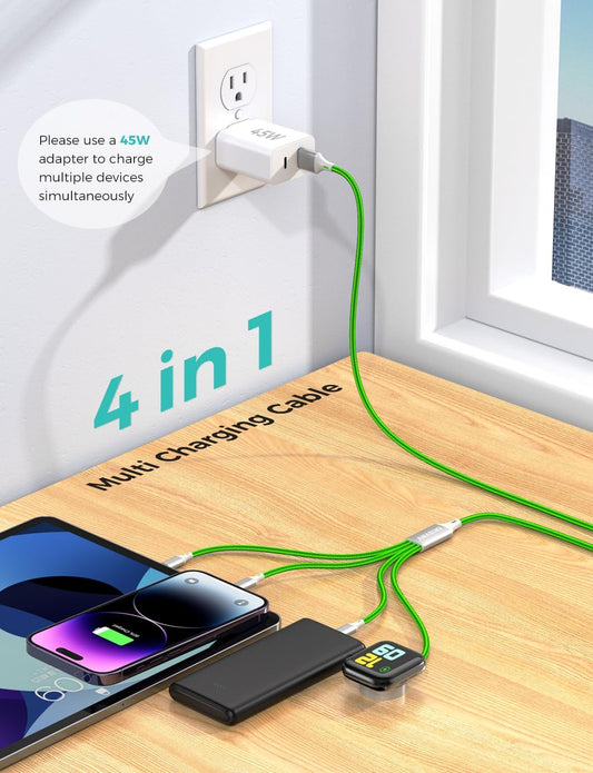 Travel Essentials Multi Charging Cable for Watch Charger 4 in 1 Fast Charger Camping Essentials USB C/L/Micro Compatible with Watch Series 10-1/SE/Ultra Phone 16 15/Galaxy Android-4FT/Green