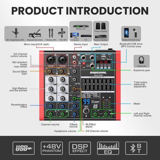 4 Channel Audio Interface DJ Mixer With 99 DSP Effects XLR 1/4 inch Jack For MIC/Musical Instrument USB PC Phone Bluetooth Music Audio Mixer for karaoke Stage Streaming Studio