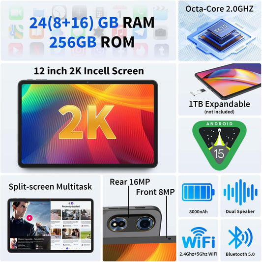 2025 Upgraded Android 15 Tablet, 12 inch Android Tablet with Keyboard, 24GB RAM+256GB ROM(1TB Expand), Octa-Core, 2K 2000x1200 Display, 16MP Dual Camera, 8000mAh, 5G WiFi, GPS, Bluetooth 5.0(Pink)