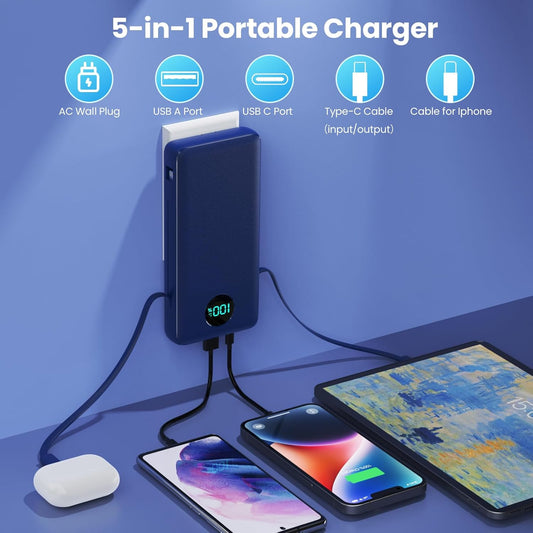 Portable Charger 33800mAh USB C Power Bank with Built-in Cables & AC Wall Plug,25W Fast Charging+QC 4.0 Phone Charger,4 Output LCD Display Battery Pack Compatible with iPhone16/15,Samsung,Android etc