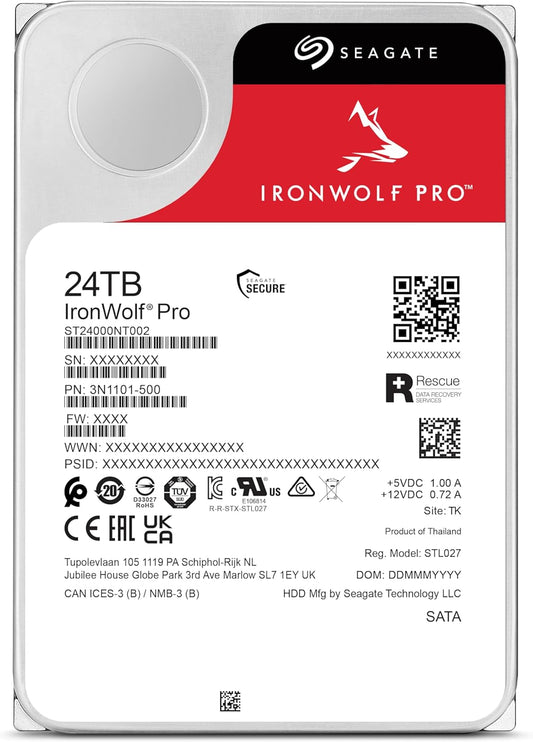 Seagate IronWolf Pro 24TB Enterprise NAS Internal HDD Hard Drive – CMR 3.5 Inch SATA 6Gb/s 7200 RPM 512MB Cache for RAID Network Attached Storage, Rescue Services (ST24000NT002)