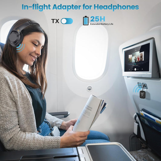 YMOO Bluetooth 5.4 Transmitter Receiver for Airplane, Wireless Bluetooth Adapter Travel Essentials, Supports to 2 Headphones, 25H Playtime, 2-in-1 Adapter with LED Display for TVs Gym Car Home