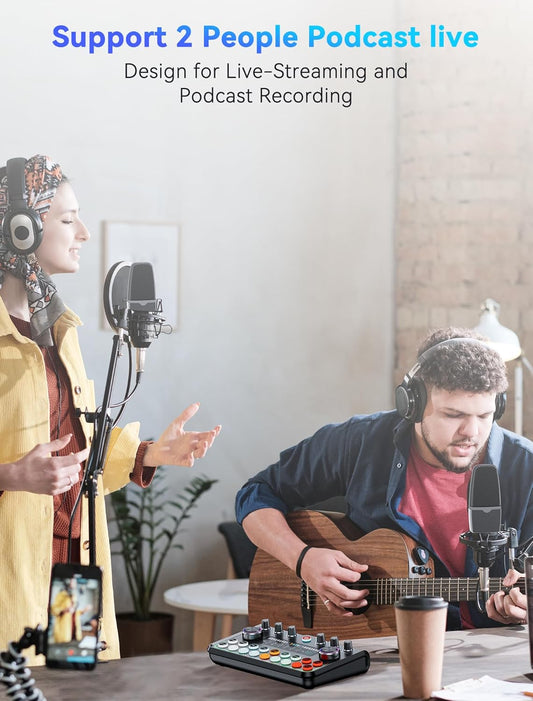 SINWE Podcast Equipment Bundle for 2,Audio Interface with Podcast Microphone for Smartphone & PC,All-in-One DJ Mixer,Plug-and-Play,Perfect for Streaming, Singing, YouTube & Gaming