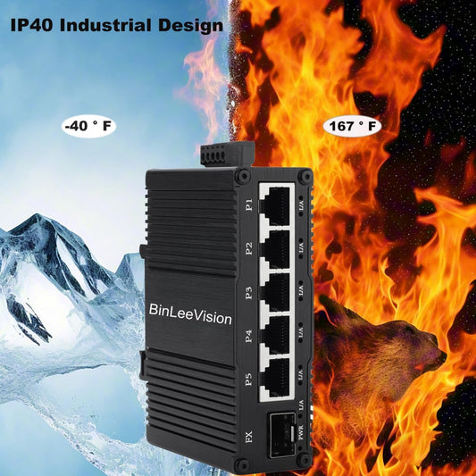 Industrial Mini Gigabit Ethernet Switch 5-Port RJ45 10/100/1000BASE-T+1-Port SFP Slot,Unmanaged Network Switch,Network Hub,Dinrail Mount or Wall-Mount,Plug & Play,Fanless (5 RJ45+1 SFP with PoE)