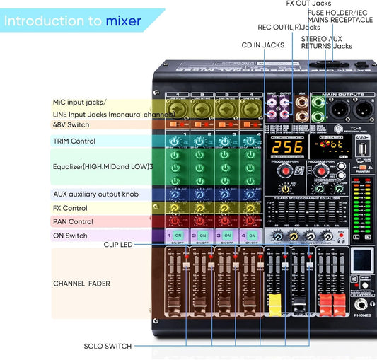 W IN-MIX 4 Channel Professional Audio Mixer with MP3 Player and Bluetooth U disk 48V Phantom Power Source USB recording for Studio Recording, Live Performances