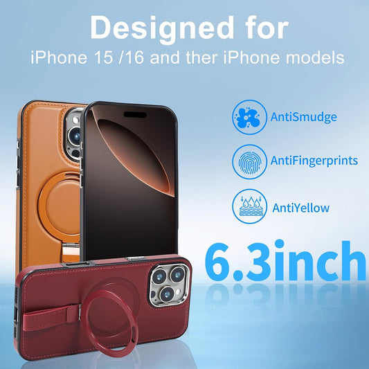 Leather Case, Suitable for iPhone 16 Case, Invisible Magnetic Design, Equipped with a Lanyard and Foldable Stand, Black, Yellow and red (Red, iPhone 16)