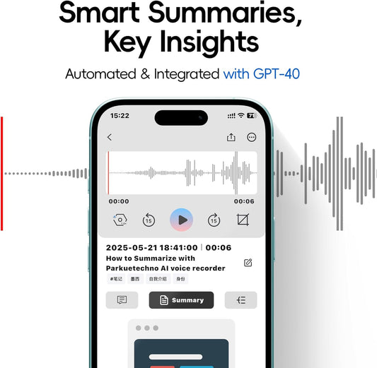 AI Voice Recorder, Parkuetechno Voice Recorder with Case, App Control, Transcribe & Summarize with AI Technology, 64GB Memory, Supports 140 Languages, Audio Recorder for Phone Calls Lectures