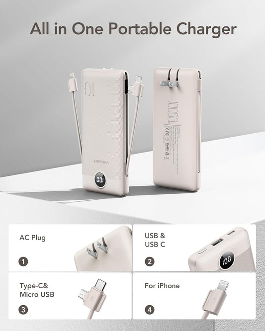 VEGER Portable Charger for iPhone with Built in Cables and Wall Plug, 10000mah Slim Fast Charging USB C Power Bank, Travel Essential Battery Pack Compatible with iPhone, iPad, Samsung etc(Coffee)