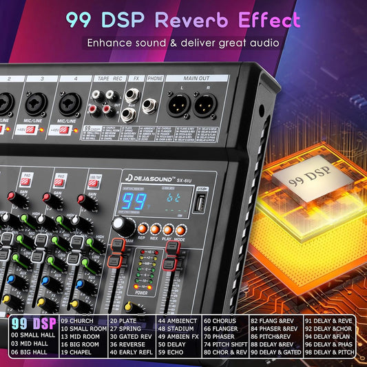 6-Channel Audio Mixer for PC, SX-6iu Mixing Console with XLR Inputs, Bluetooth, 99 Digital Signal Processor Effects, USB Interface, MP3 Compatible for Podcast, Music, Recording 9.84"x2.17"x12.6"inches