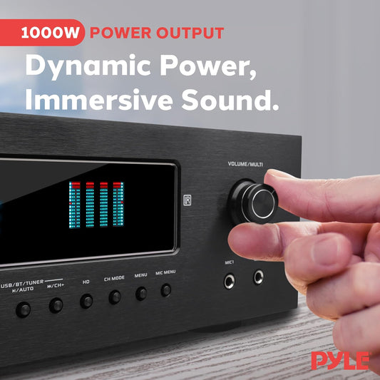 Pyle 1000W Bluetooth Home Theater Receiver - 5.2 Channel Surround Sound Stereo Amplifier System with 4K Ultra HD, 3D Video & Blu-Ray Video Pass-Through Supports, HDMI/MP3/USB/AM/FM Radio - Pyle, Black