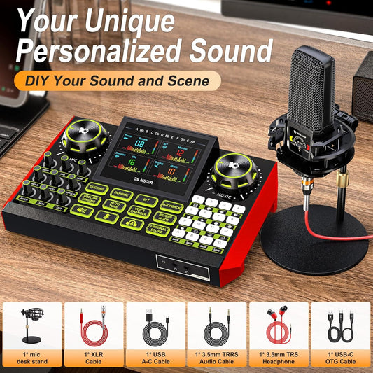 Podcast Equipment Bundle - All-in-One Audio Mixer Production Studio with 3.5mm Microphone for Live Streaming, Podcast Recording, PC, Smartphone & DJ (Model: G9-PKPRO DJ Mixer