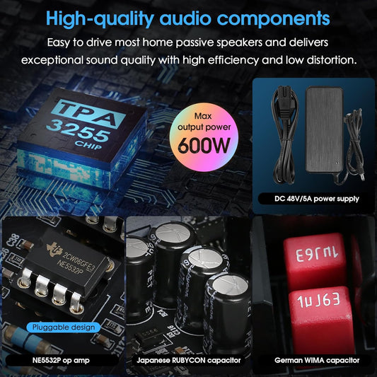 Douk Audio NS-13G MAX 300Wx2 Stereo Amplifier with Phono Input - HiFi Class D Mini Power Amp for Home Theater, Turntables, Studio Monitor | TPA3255 Chip, RCA/MM Inputs, Bass/Treble Control (DC 48V)