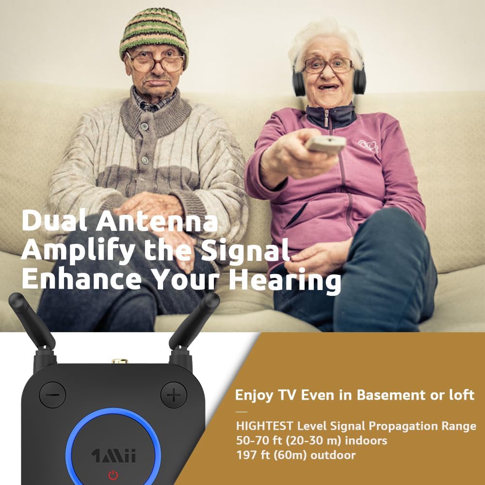 1Mii B06TX Bluetooth 5.2 Transmitter for TV to Wireless Headphone/Speaker, Bluetooth Adapter for TV w/Volume Control, AUX/RCA/Optical/Coaxial Audio Inputs, Plug n Play, aptX Low Latency & HD