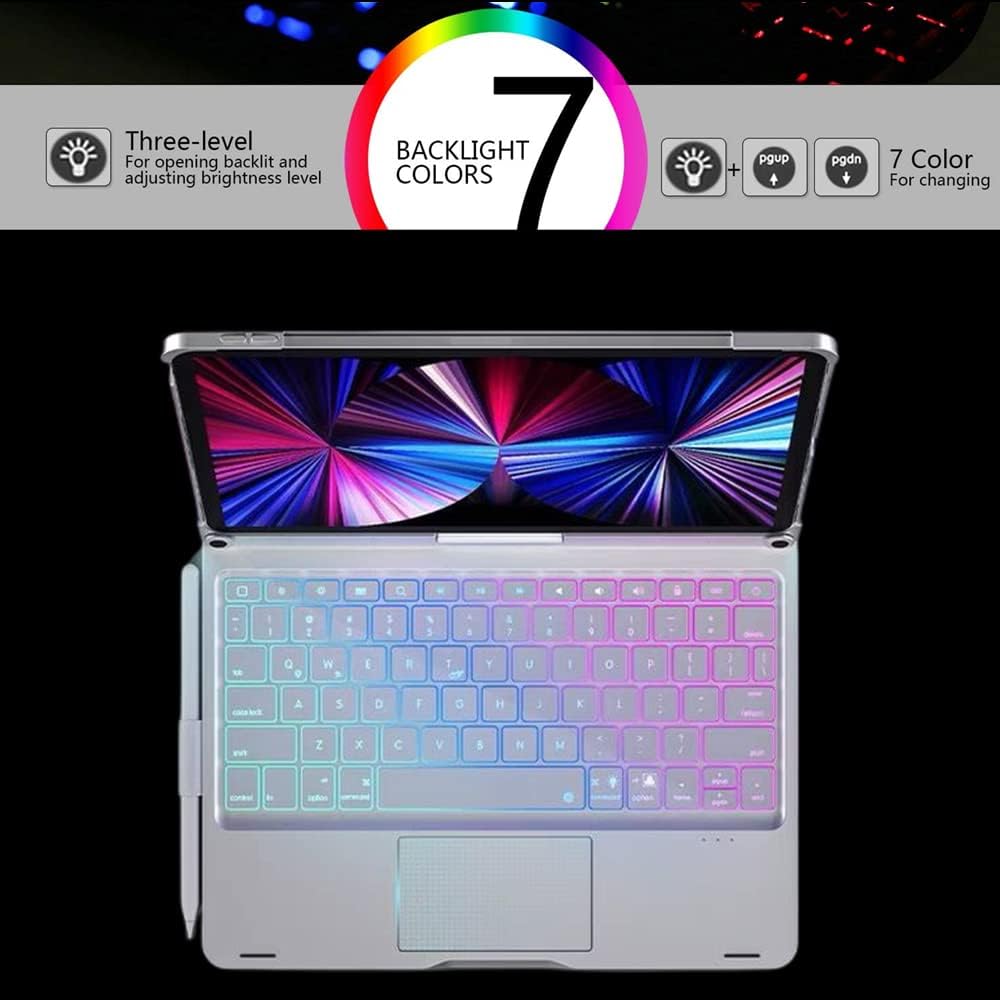 Keyboard Case for iPad 10.2 9th/8th/7th Gen, Rotating Case for iPad9/iPad8/iPad7 with Backlits Touchpad Keyboard-360° Rotatable Smart Cover with Pencil Holder, Silver