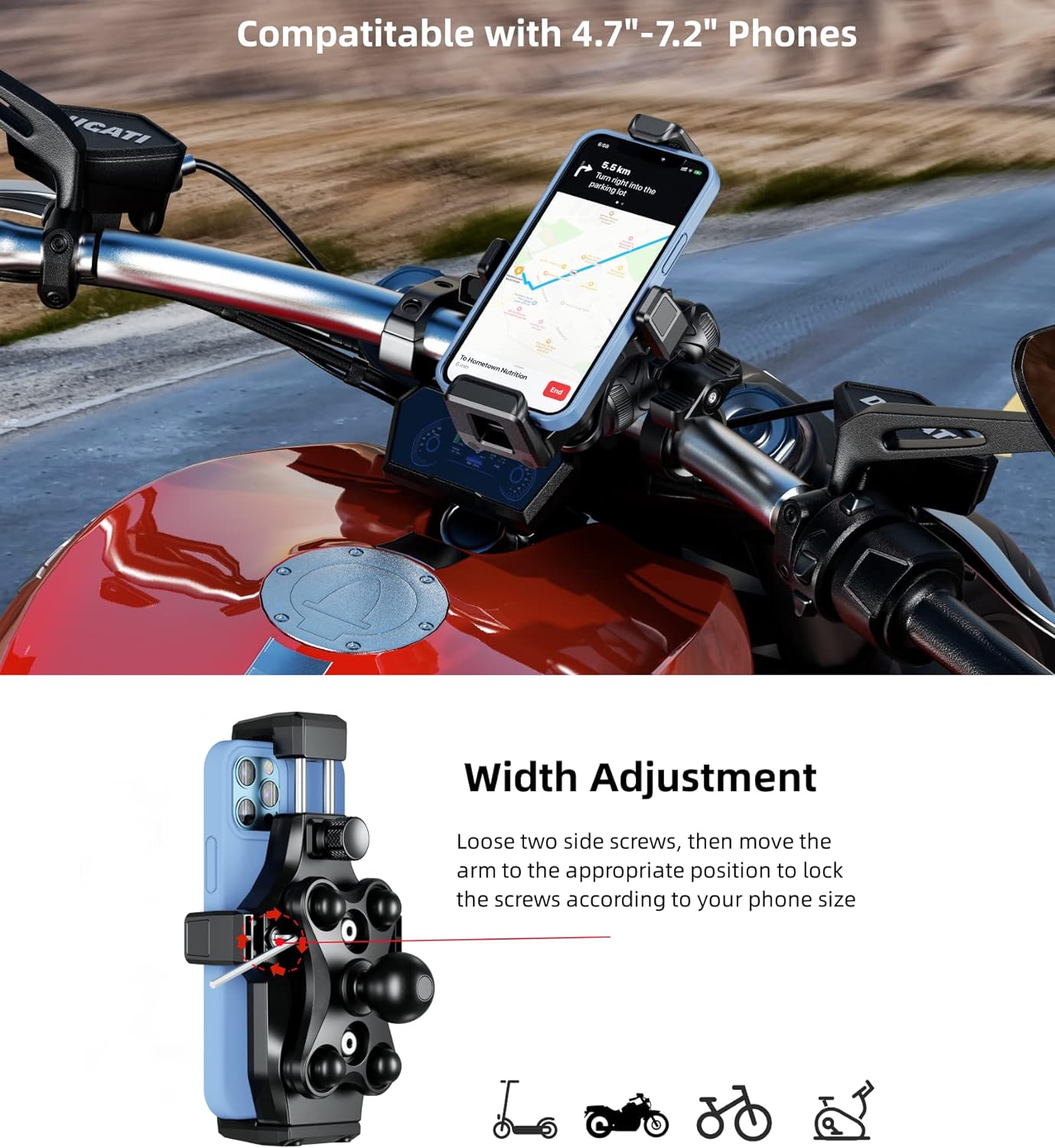 Kewig Motorcycle Phone Mount- [Vibration Dampener] [High-Speed Secure Lock] Motorcycle Cell Phone Holder, Bike Phone Handlebar Mount for 4.7-7.2" Smartphone