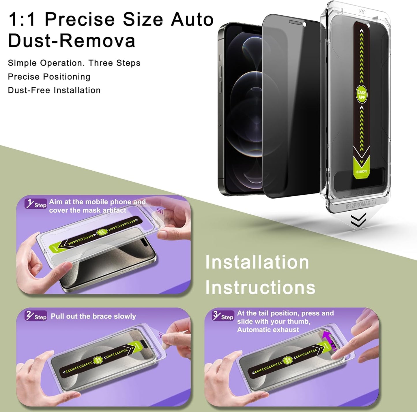 (2-Pack Anti-Spy Privacy Screen Protector for iPhone 12 Pro Max(6.7-Inch),9H Tempered Glass,Full Coverage,Anti-Fingerprint,Auto Dust Removal,Bubble-Free,Easy Installation