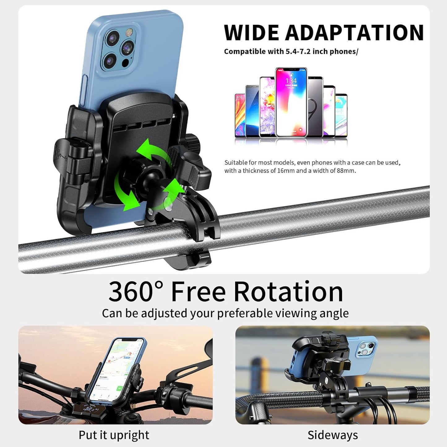 Kewig Motorcycle Phone Mount Holder- [Camera Friendly] [1s Lock & Release] Bike Phone Mount Handlebar Clamp, Bicycle Scooter Phone Holder for 5.4-7.2" Smartphones