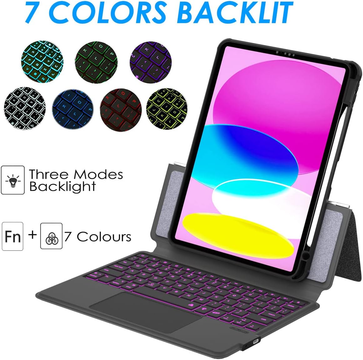 Keyboard Case for iPad 10th 10.9" 2022,iPad 11" A16 11th 2025-7 Color Backlight,Touchpad Detachable Slim Cover with Pencil Holder (Black)