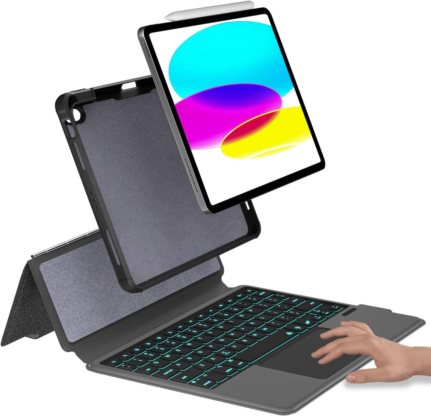 Keyboard Case for iPad 10th 10.9" 2022,iPad 11" A16 11th 2025-7 Color Backlight,Touchpad Detachable Slim Cover with Pencil Holder (Black)