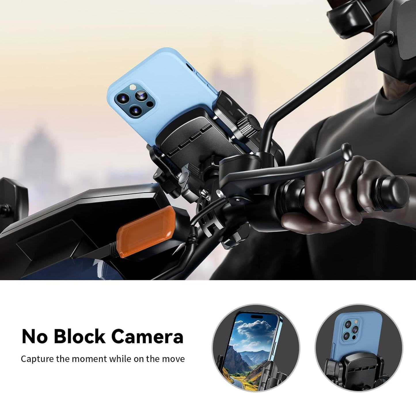 Kewig Motorcycle Phone Mount Holder- [Camera Friendly] [1s Lock & Release] Bike Phone Mount Handlebar Clamp, Bicycle Scooter Phone Holder for 5.4-7.2" Smartphones