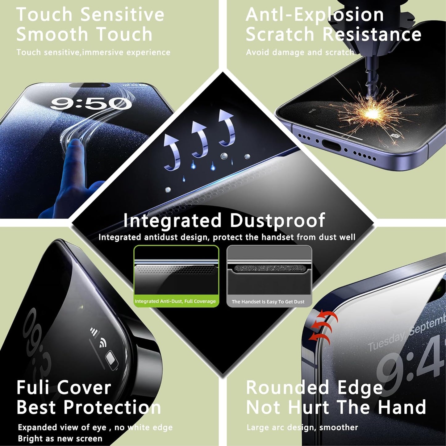 (2-Pack Matte Privacy Anti-Spy Screen Protector for iPhone 15 Pro (6.1-Inch),9H Tempered Glass,Anti-Glare,Full Coverage,Anti-Fingerprint,Auto Dust Removal,Bubble-Free