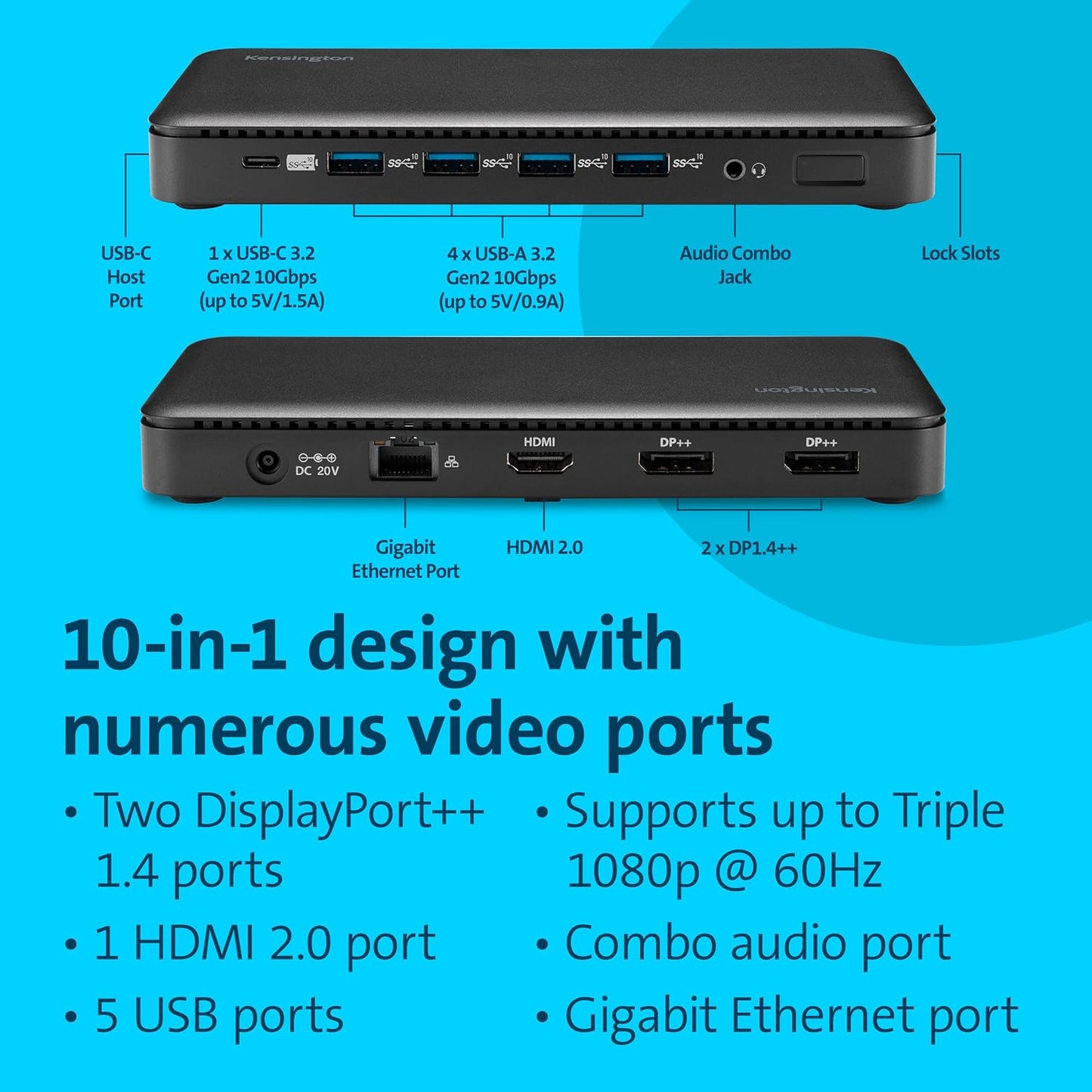 Kensington Triple Display USB-C Docking Station with 100W PD for Dell, HP, Lenovo, Acer, ASUS, Razer, Surface (Black)