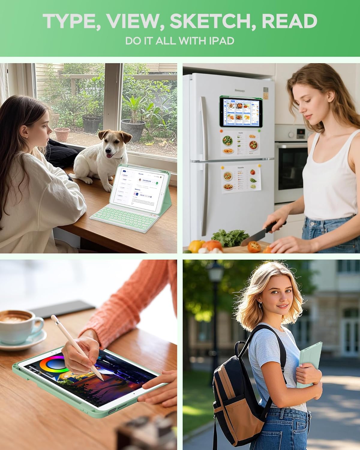 Keyboard Case for iPad 7th/8th/9th Generation 10.2'' 2019/2020/2021, 360° Rotatable Magnetic Keyboard Case with Pencil Holder Groove, 7 Color Backlit Wireless Detachable Keyboard (Green)